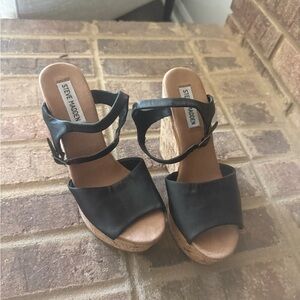 Steve Madden Black Leather Cork Wedge Sandals